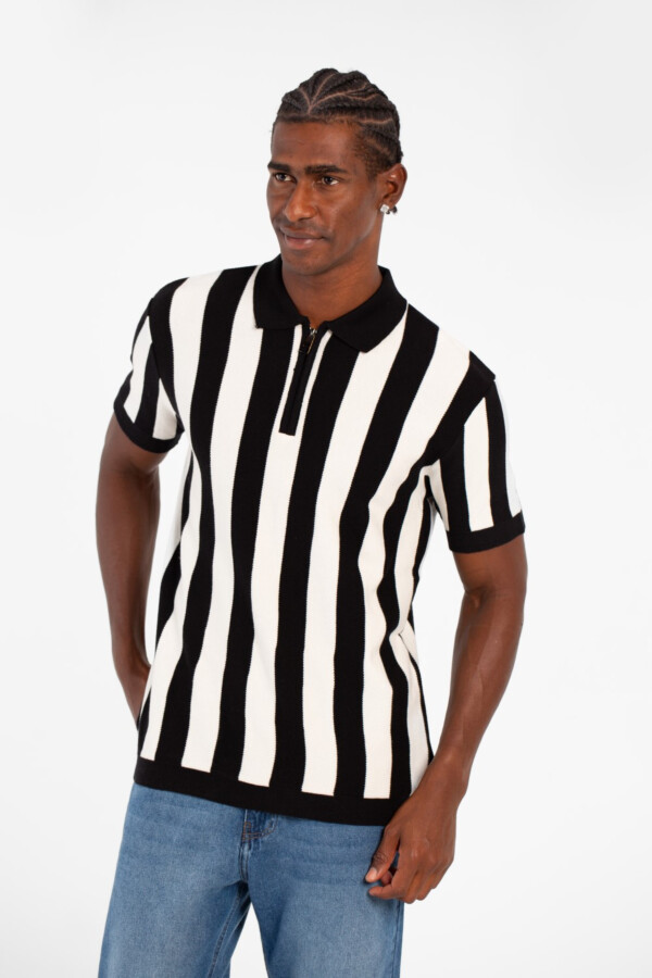 Men's Striped Slim Fit Polo Collar T-Shirt With Half Zipper And Short Sleeves