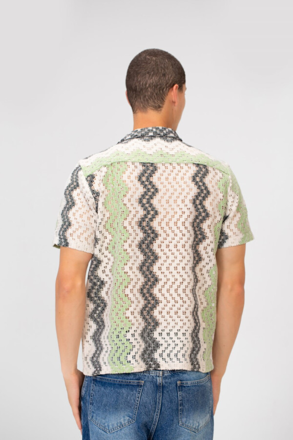 Men's Slim Fit Mesh Jakar Half Sleeve Shirt With Collar And Full Button Closure