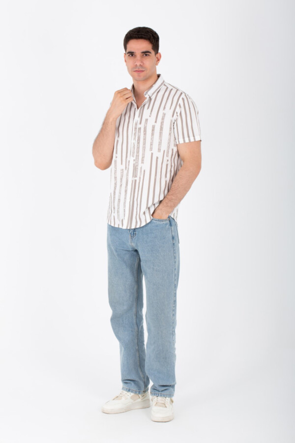 Mens Short Sleeve Striped Slim Fit Shirt In Printed Poplin Material