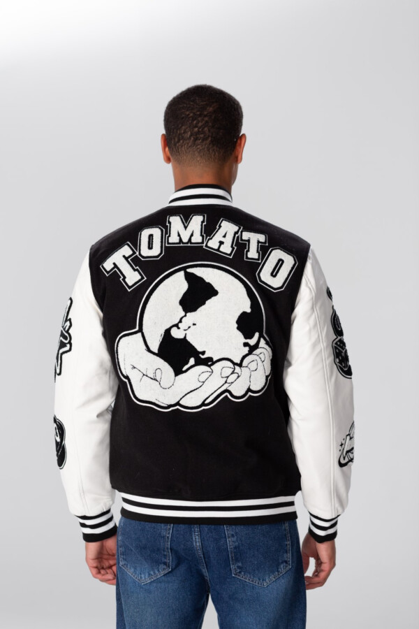 Men's Winter Varsity Printed Baseball Jacket With Stripes In White