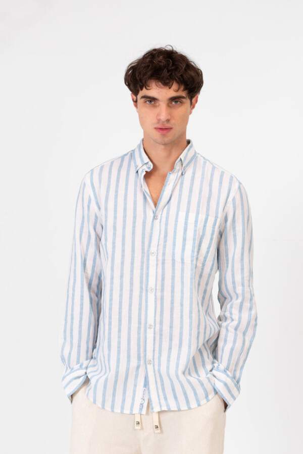 Men's Regular Fit Linen Striped Long Sleeve Shirt With Front Pocket