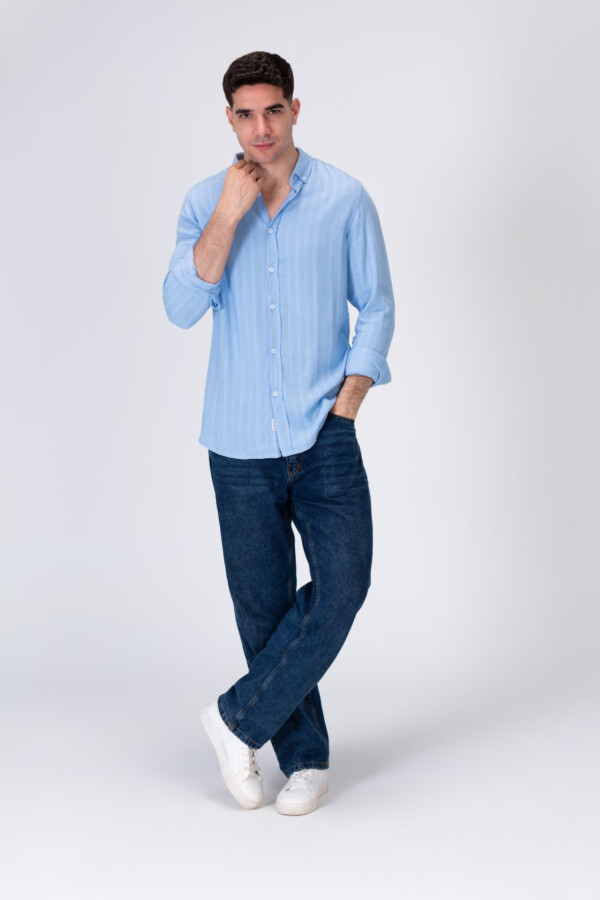 Mens Light Striped Linen Shirt With A Collar And Distinctive Summer Colors