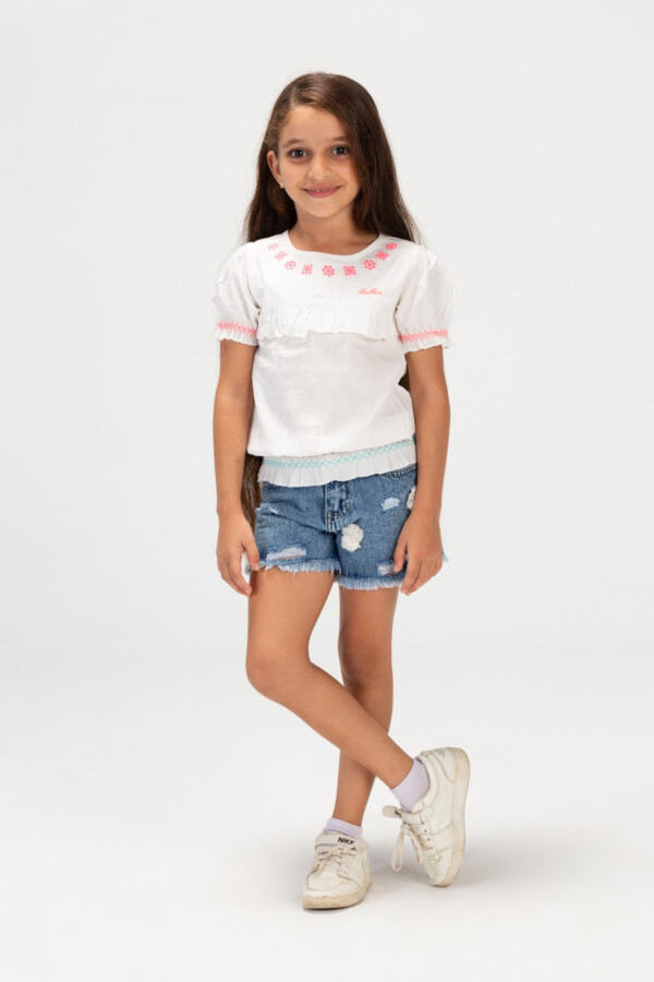 Girls Tomato Blouse In Short Sleeved Fabric With Colorful Back Buttons