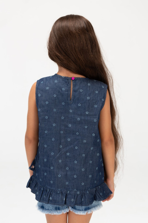 Girls Sleeveless Printed Fabric Blouse With Front Buttons In Royal Blue