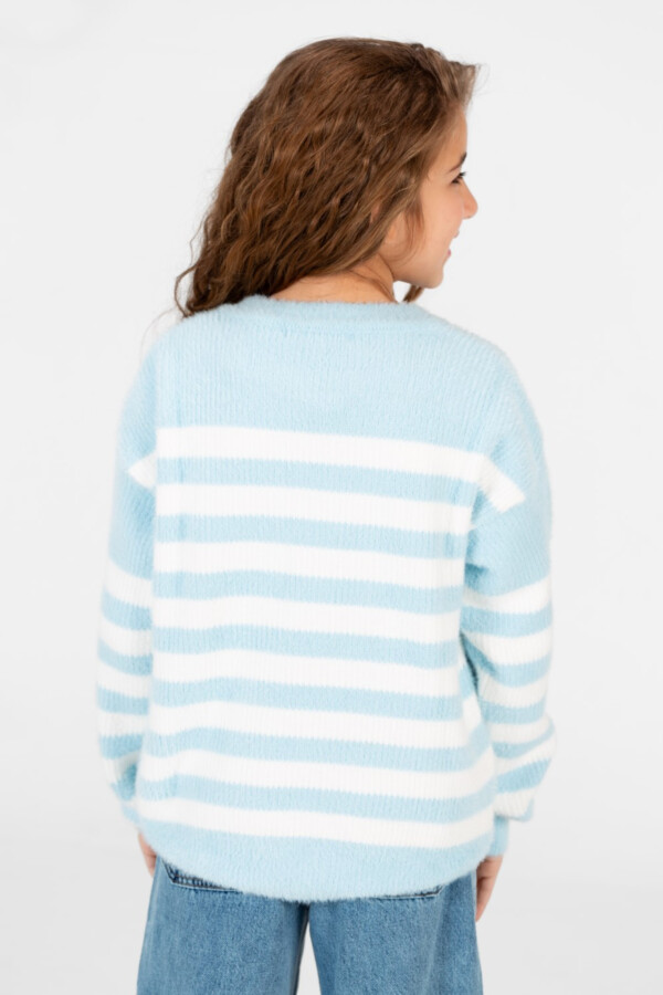 Girl's Round Neck Long Sleeves Striped Jakar Pullover Sweater
