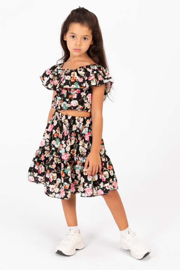 Girl's Cotton Outfit Set Printed Skirt And Blouse With Ruffles On The Shoulders