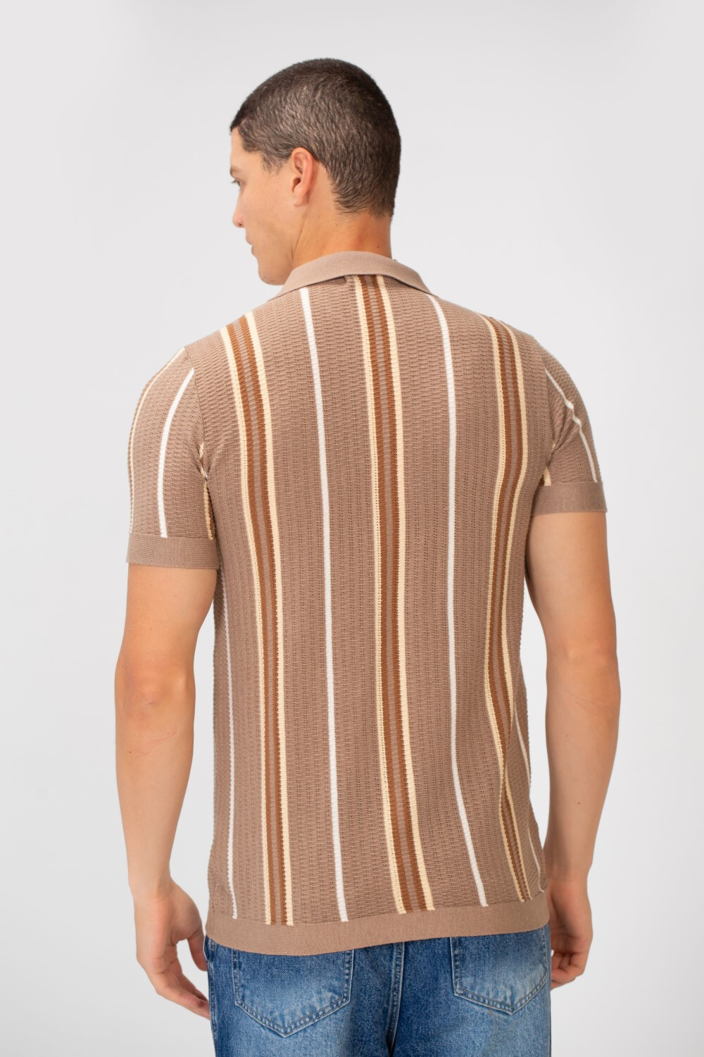 Men's Slim Fit Striped Full Button Short Sleeve Polo T-shirt 