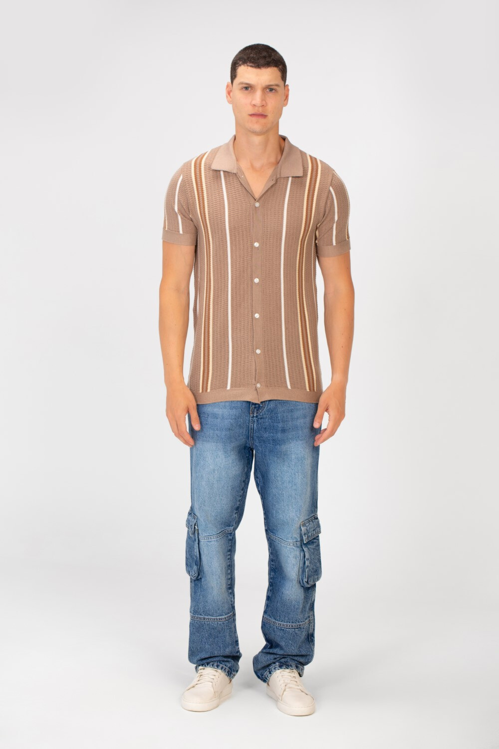 Men's Slim Fit Striped Full Button Short Sleeve Polo T-shirt 