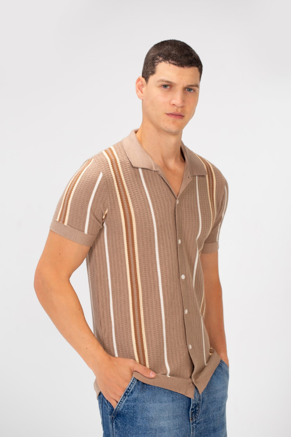 Men's Slim Fit Striped Full Button Short Sleeve Polo T-shirt 