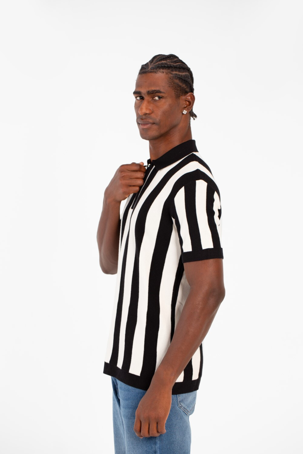 Men's Striped Slim Fit Polo Collar T-Shirt With Half Zipper And Short Sleeves