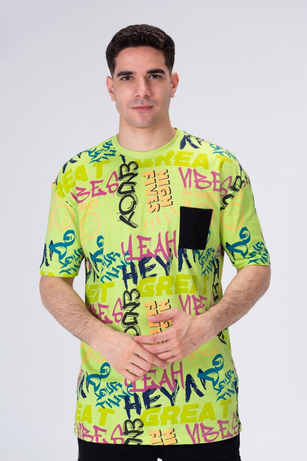Mens Printed Cotton T-shirt With Pocket On The Front