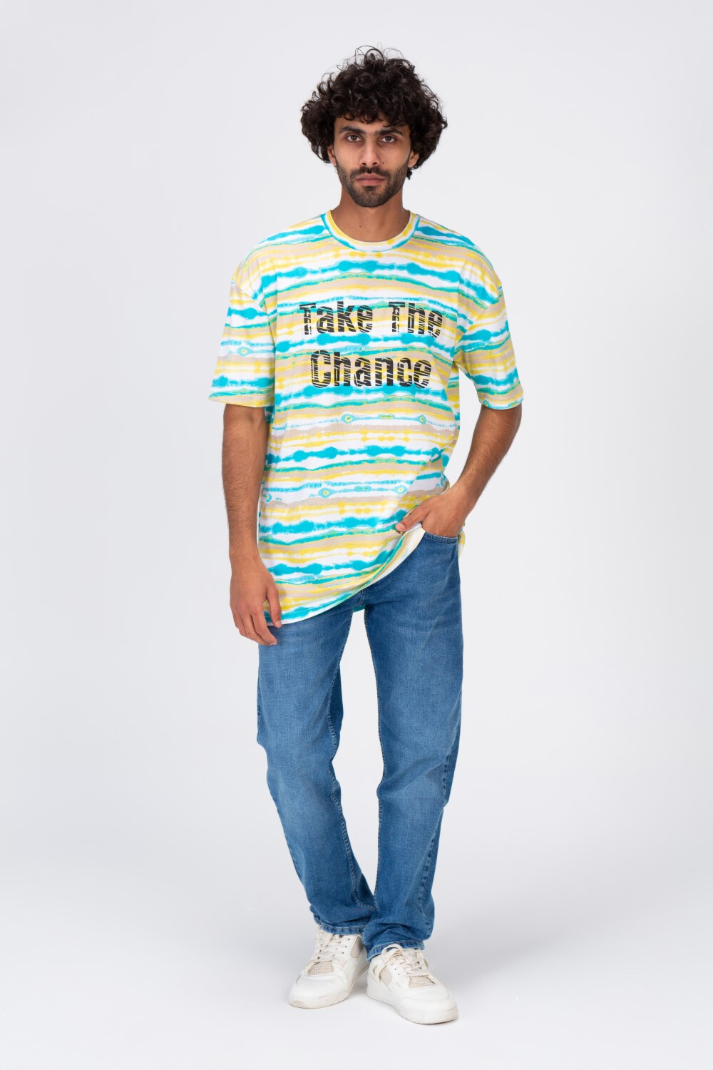 Mens T-shirt With Round Neck Multi Color Stripe And Take The Chance Print