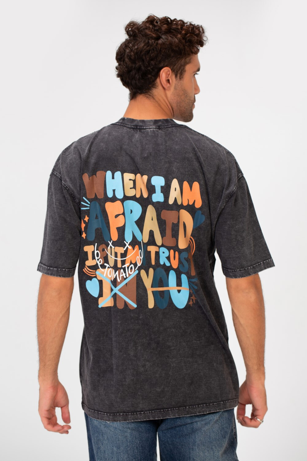 Men's Washed Text Print Oversized Round Neck Half Sleeves T-shirt