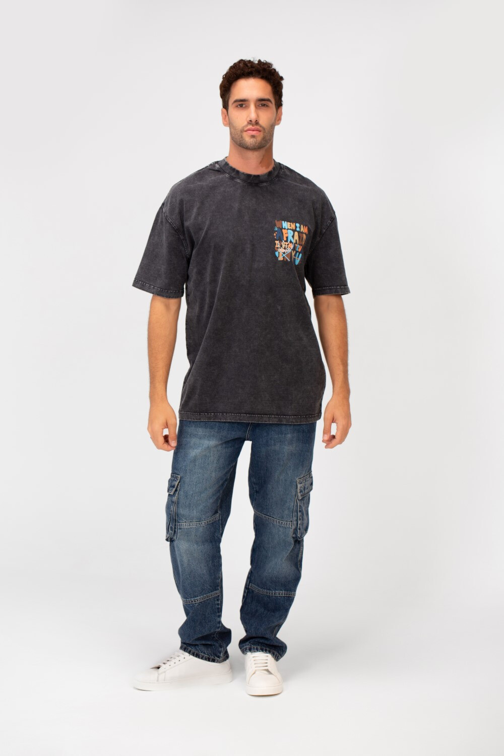 Men's Washed Text Print Oversized Round Neck Half Sleeves T-shirt