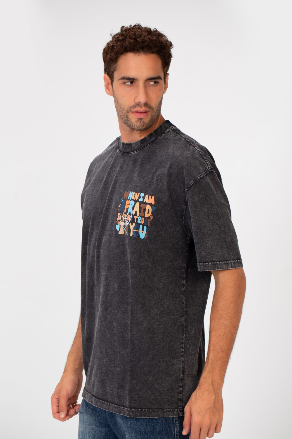 Men's Washed Text Print Oversized Round Neck Half Sleeves T-shirt