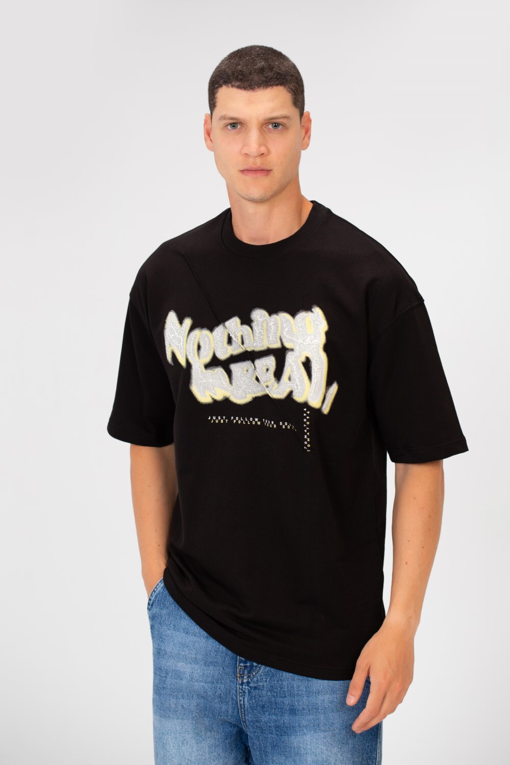 Men's Oversized Round Neck Short Sleeves Front Text Print Melton T-shirt