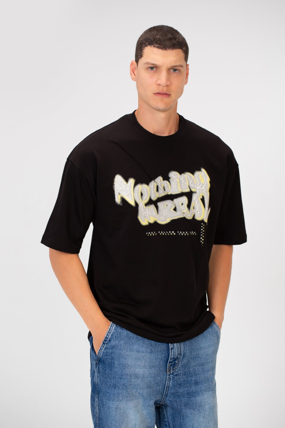 Men's Oversized Round Neck Short Sleeves Front Text Print Melton T-shirt