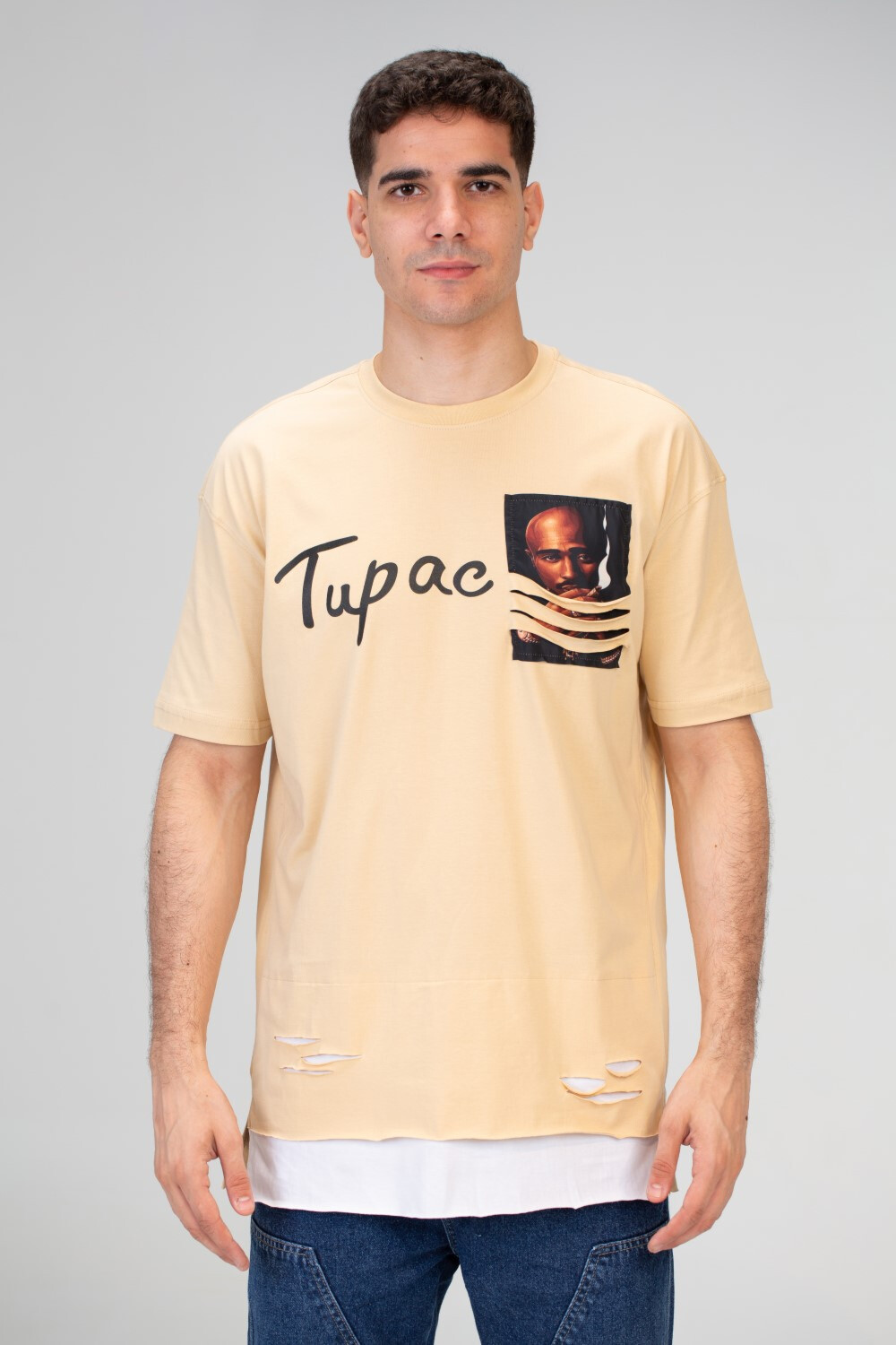 Mens Half Sleeved Over Sized Cutting T-shirt With A Round Collar And Front Print