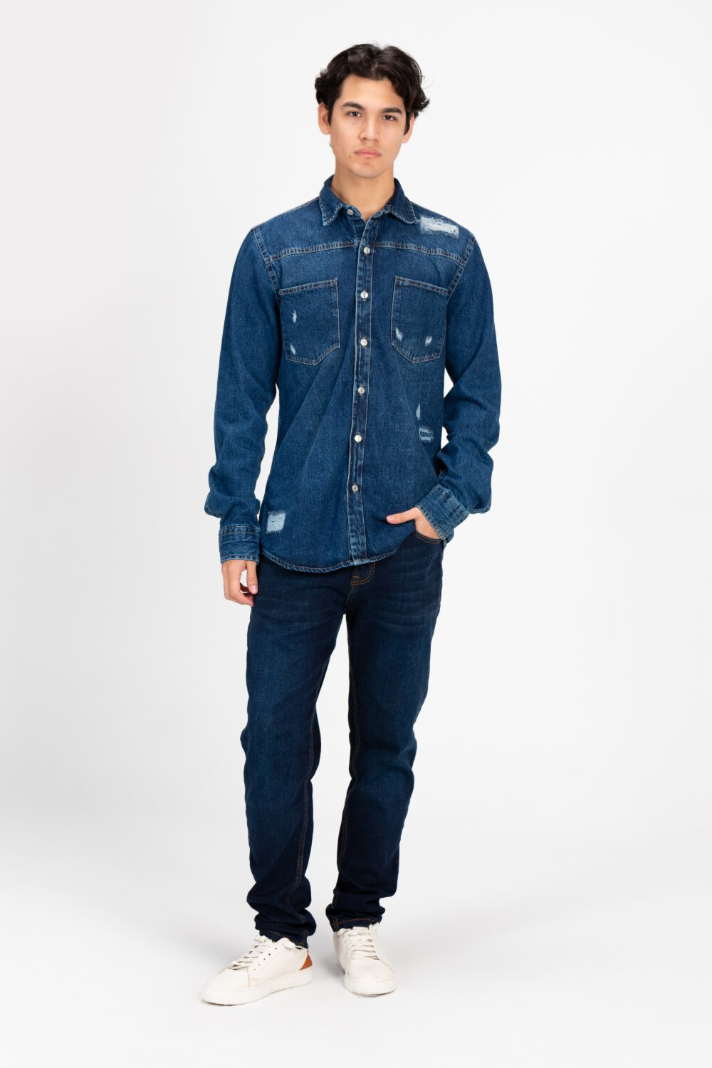 Men's Long Sleeve Cutting Denim Shirt