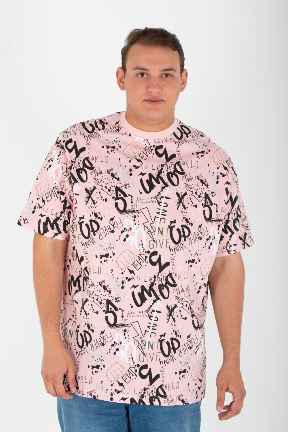 Men's Big Size Full Print T-shirt With Round Neck And Short Sleeves