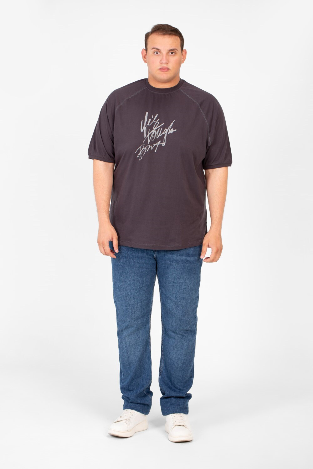 Men's Big Size Front Print T-shirt With Short Sleeves And A Round Neck