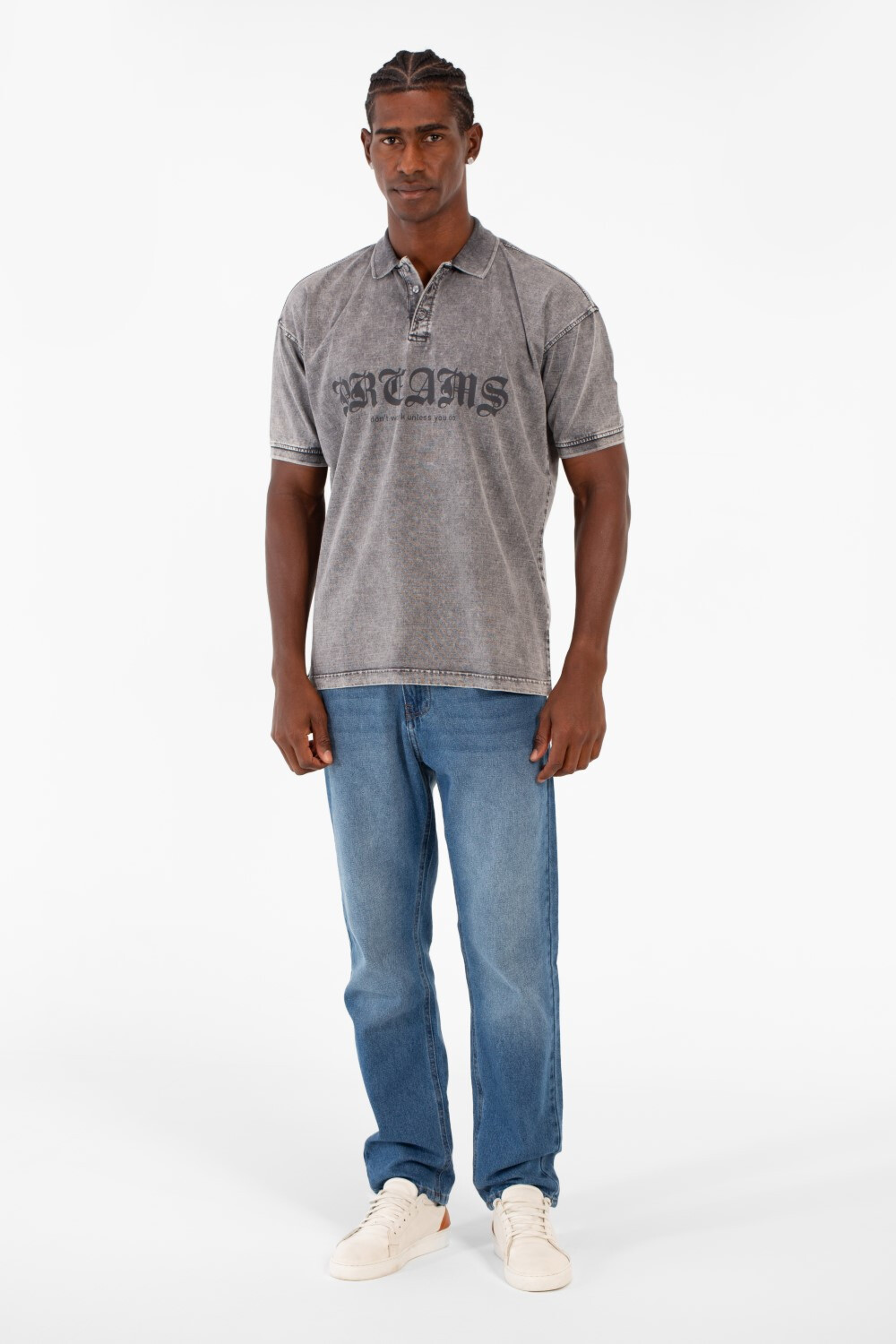 Men's Regular Fit Polo Washed Short Sleeves Half Buttons T-Shirt With Front Print