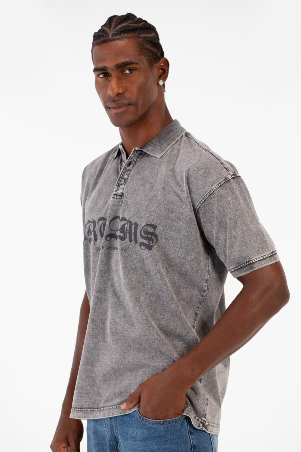 Men's Regular Fit Polo Washed Short Sleeves Half Buttons T-Shirt With Front Print