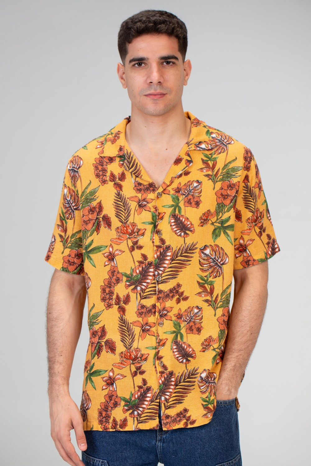 Mens Half Sleeved Shirt With Front Buttons And Summer Print In Orange