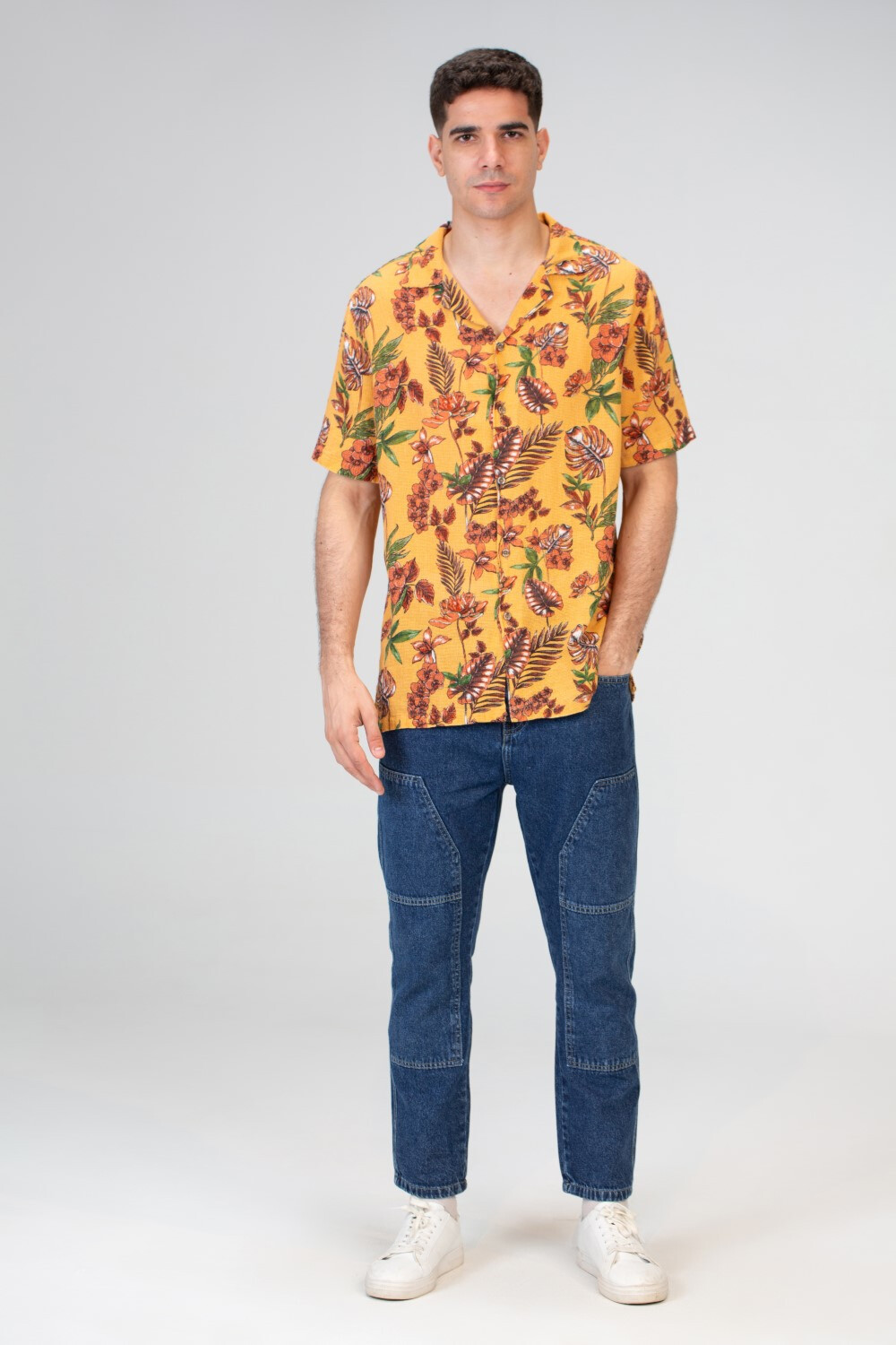 Mens Half Sleeved Shirt With Front Buttons And Summer Print In Orange