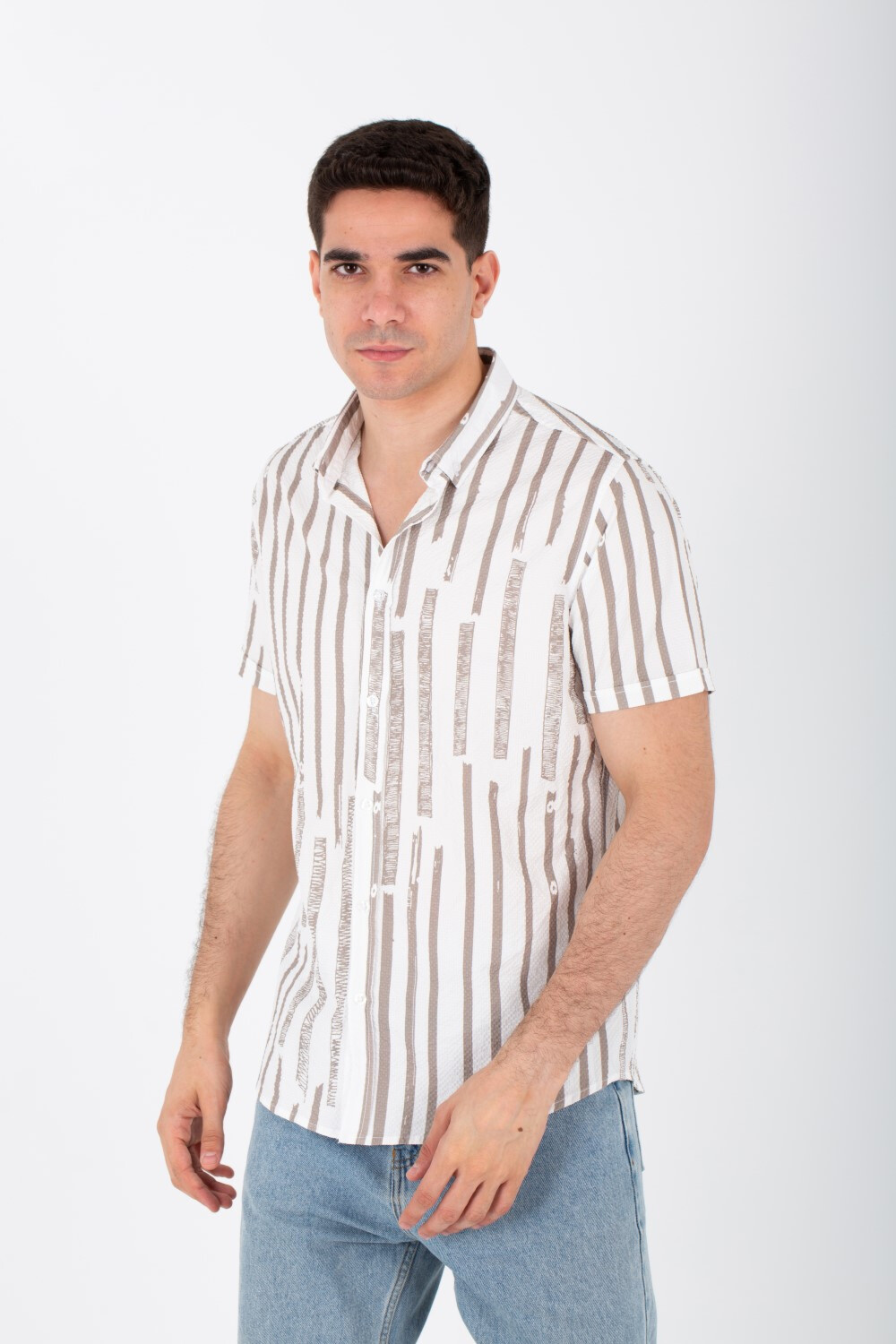 Mens Short Sleeve Striped Slim Fit Shirt In Printed Poplin Material