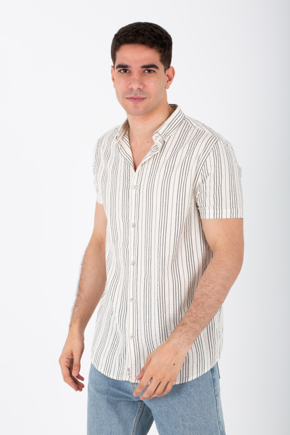 Mens Striped Slim Fit Half Sleeve Shirt With Button Front