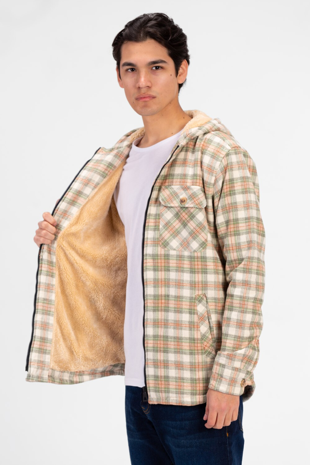 Men's Slim Fit Full Zip Fur Padded Checked Shirt