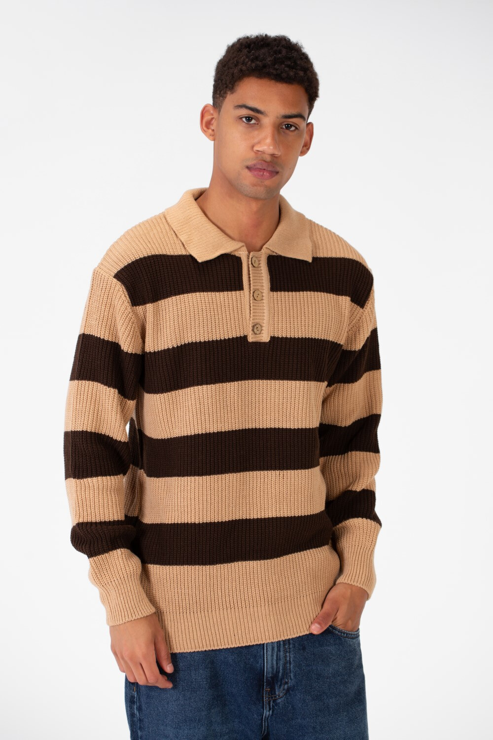 Men's Striped Polo Pullover With Front Buttons And Comfortable Flexible Material