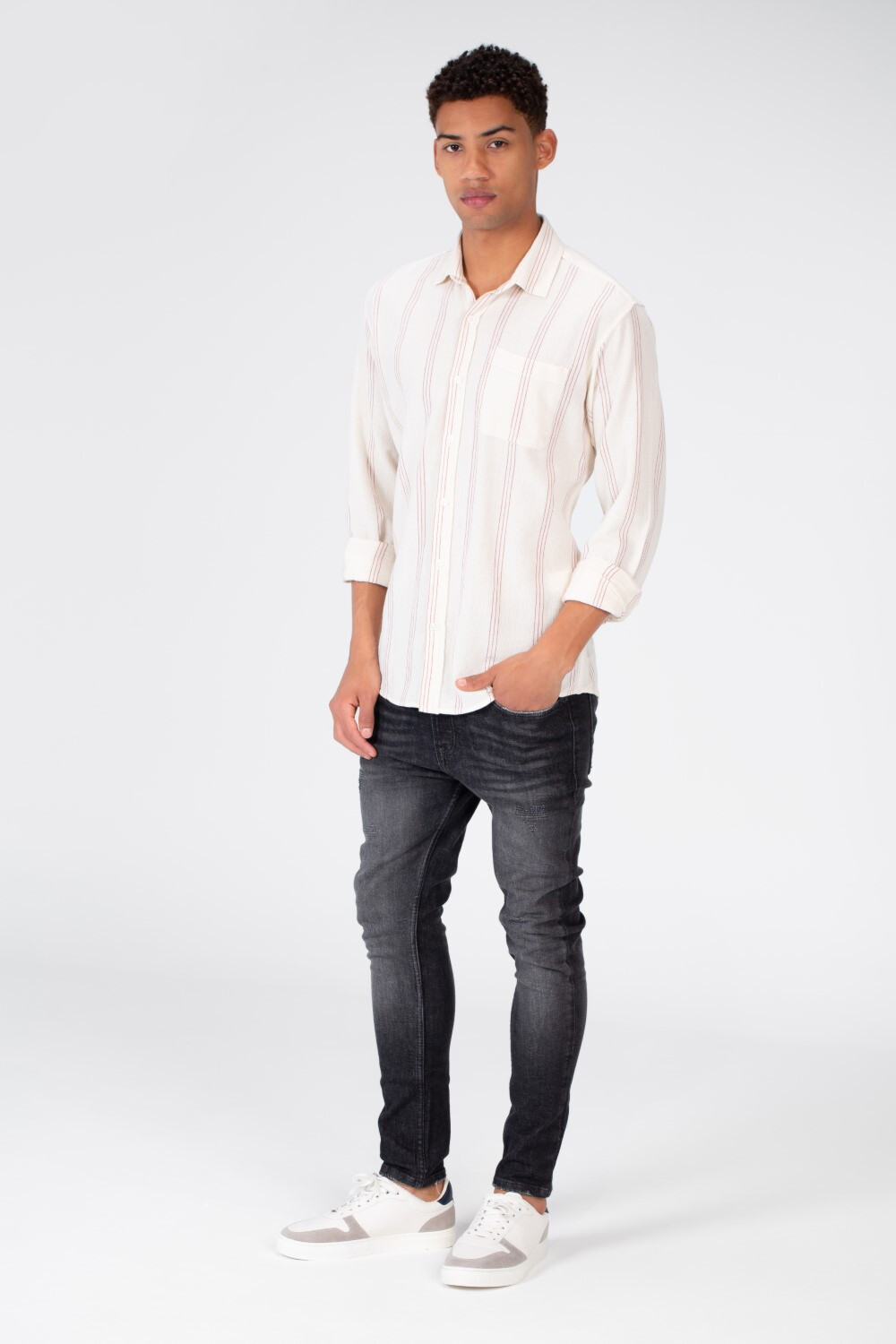 Men's Long Sleeve Slim Fit Striped Shirt With Front Pocket