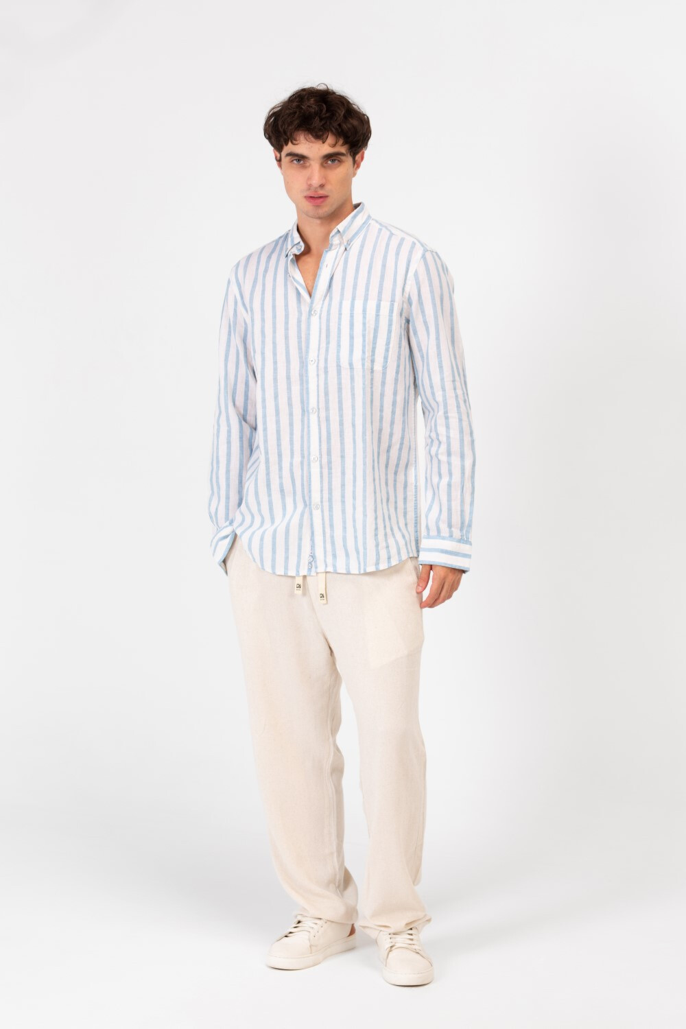 Men's Regular Fit Linen Striped Long Sleeve Shirt With Front Pocket