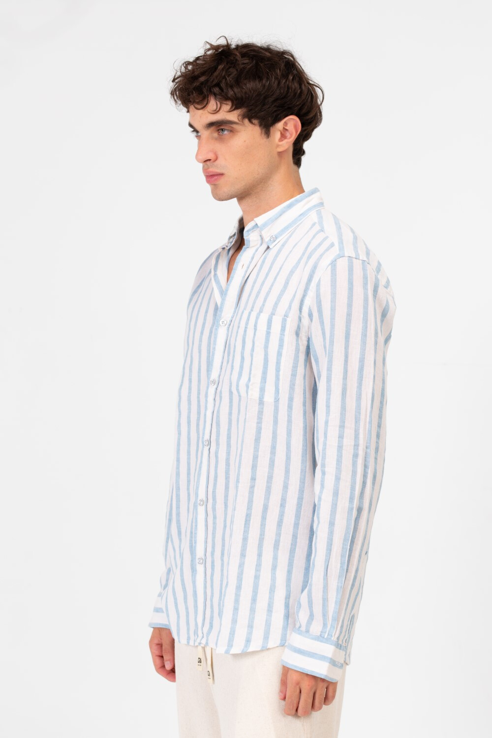Men's Regular Fit Linen Striped Long Sleeve Shirt With Front Pocket