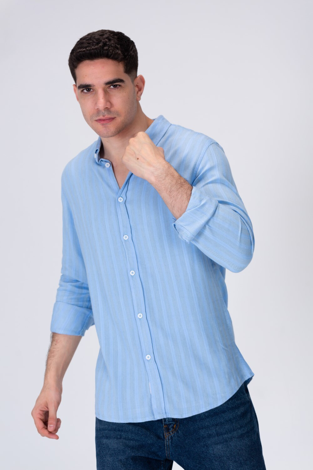 Mens Light Striped Linen Shirt With A Collar And Distinctive Summer Colors