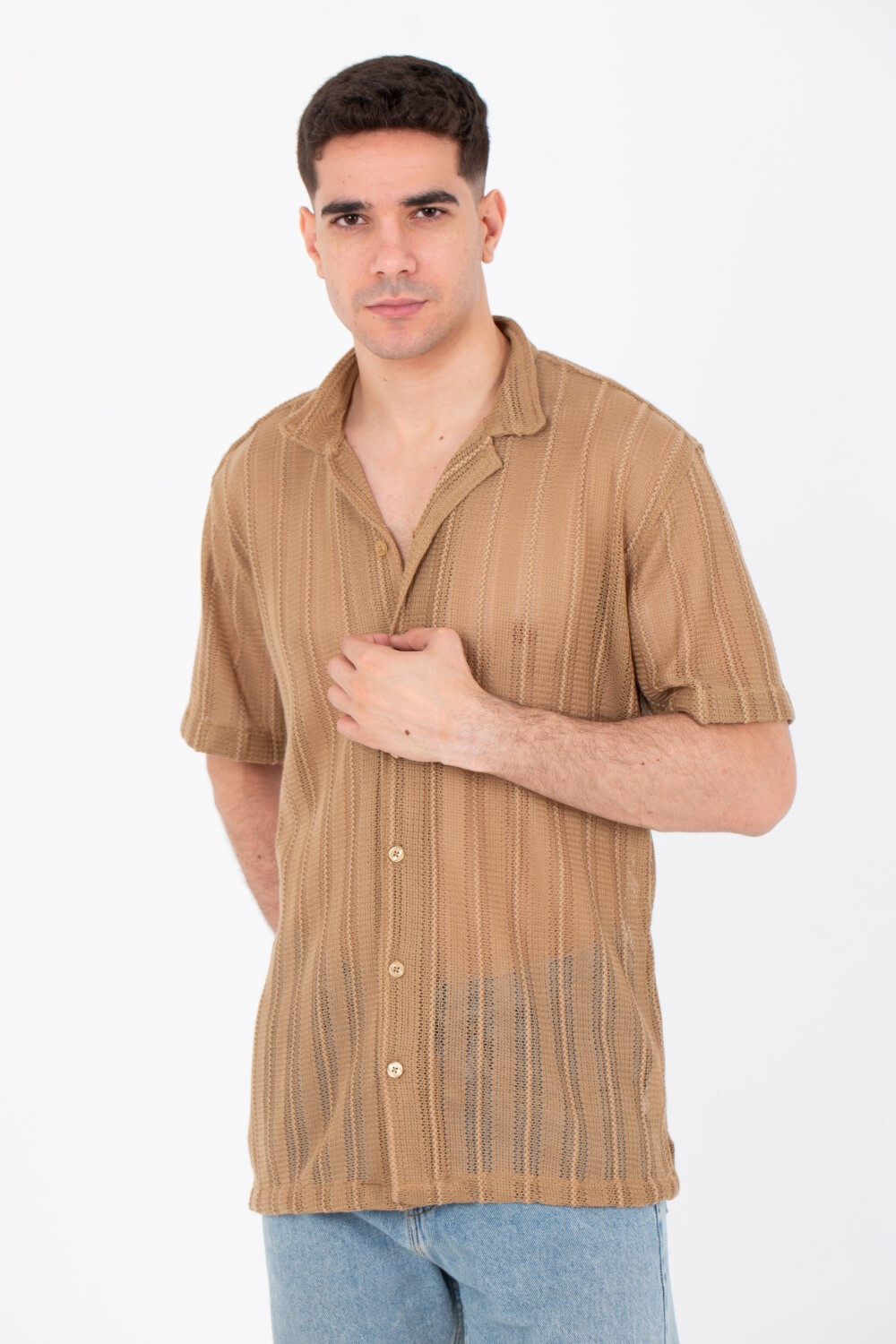 Mens Casual See Through Trico Shirt Summer Short Sleeve Button Front