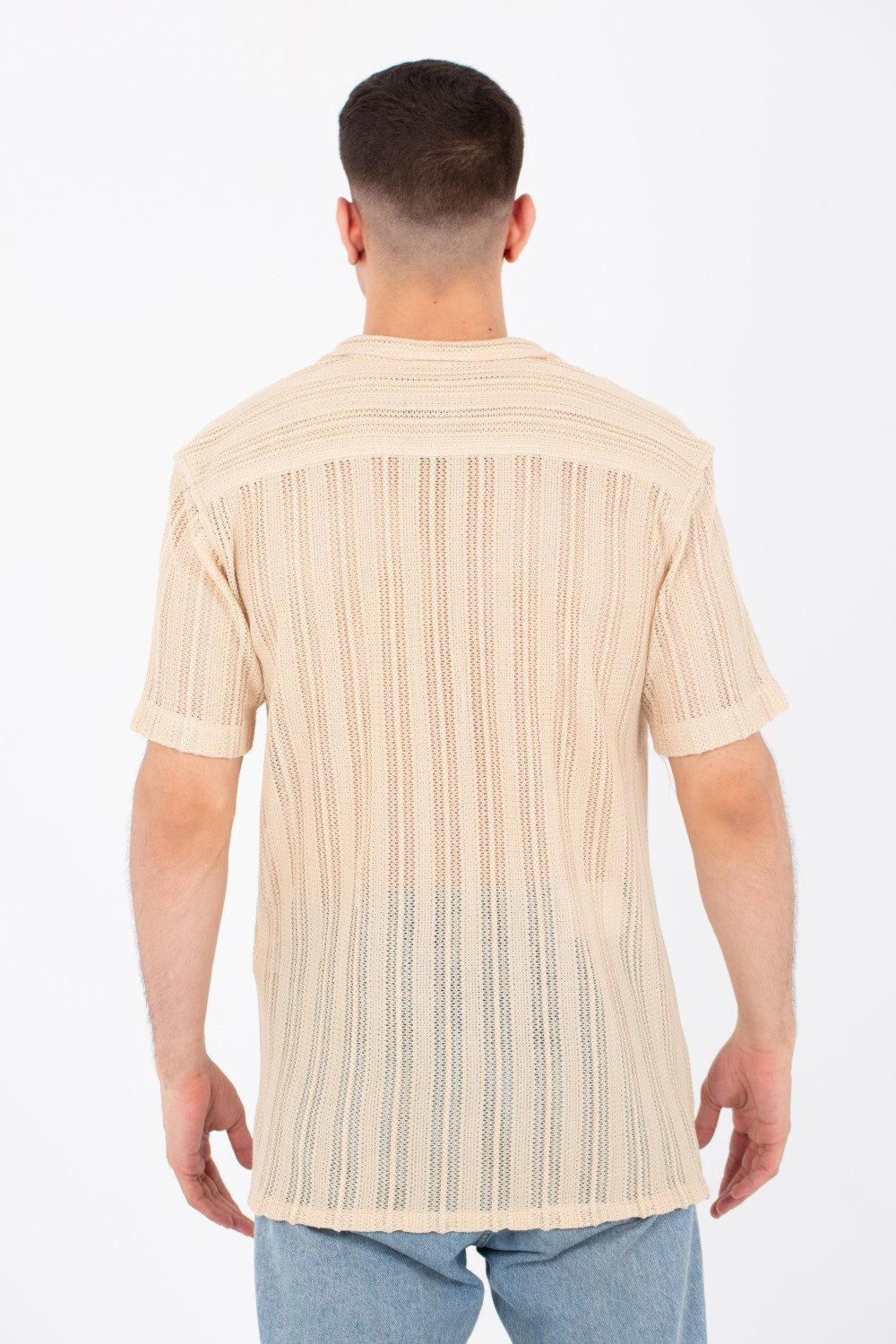 Mens Slim Fit See Through Trico Shirt Short Sleeve Button Front