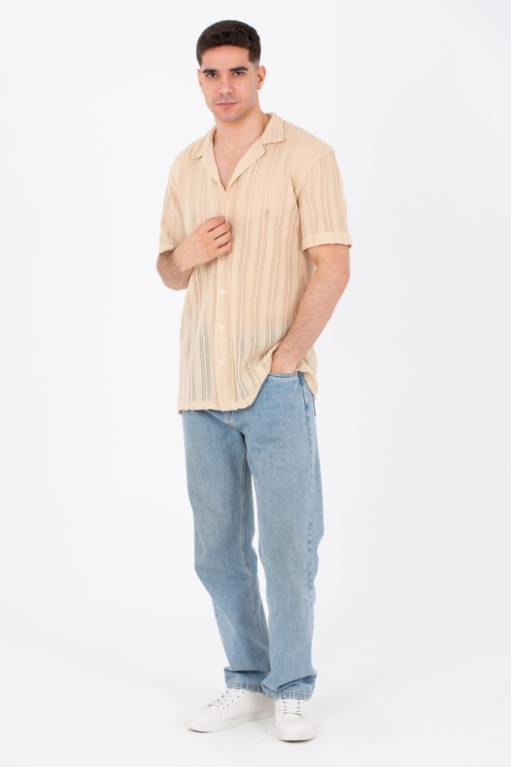 Mens Slim Fit See Through Trico Shirt Short Sleeve Button Front