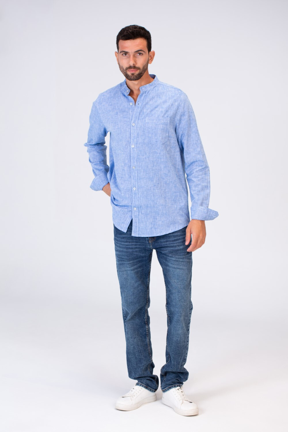 Mens Basic Slim Fit Linen Long Sleeve Button Front Shirt