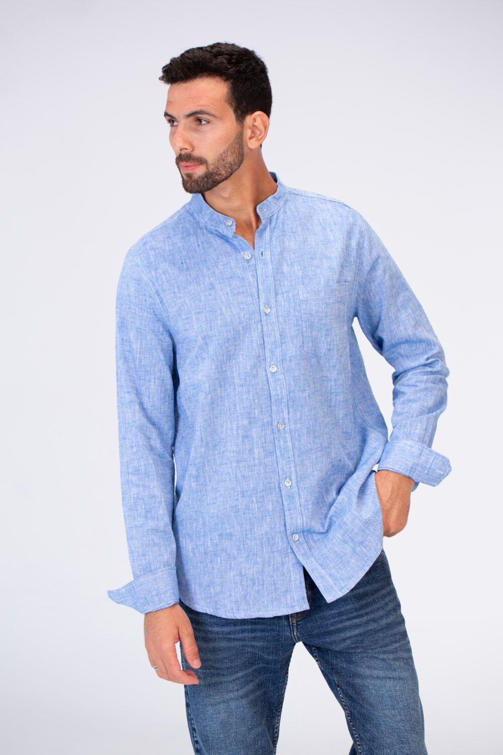 Mens Basic Slim Fit Linen Long Sleeve Button Front Shirt