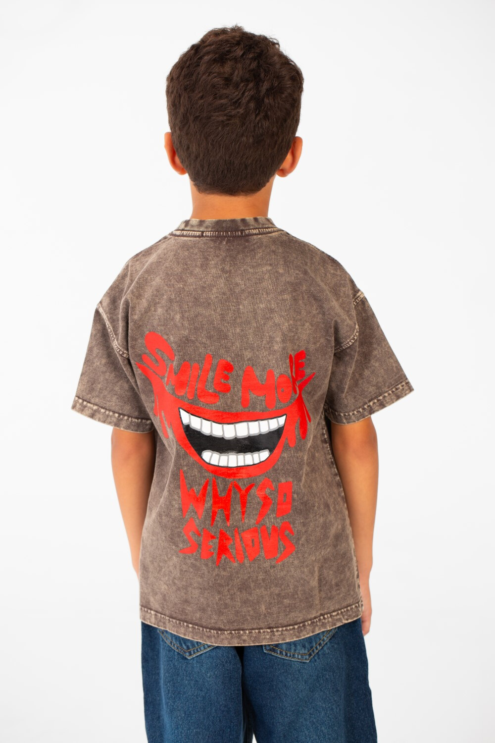 Boy's Washed Text Print Oversized T-Shirt With Short Sleeves And Round Neck