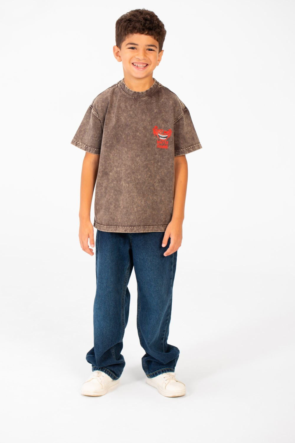 Boy's Washed Text Print Oversized T-Shirt With Short Sleeves And Round Neck
