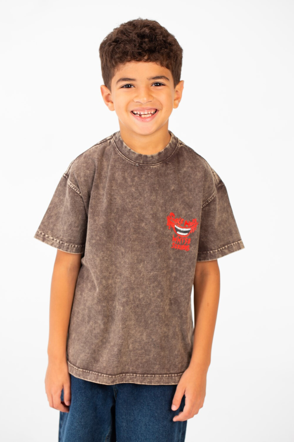 Boy's Washed Text Print Oversized T-Shirt With Short Sleeves And Round Neck