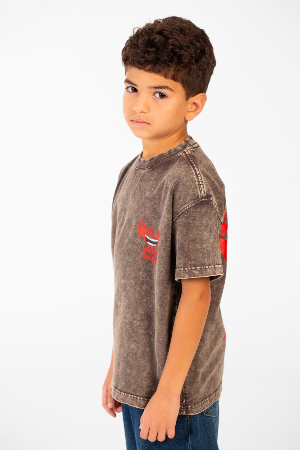 Boy's Washed Text Print Oversized T-Shirt With Short Sleeves And Round Neck