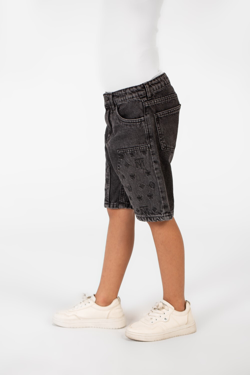Boy's Summer Denim Short With A Modern Print And Pockets