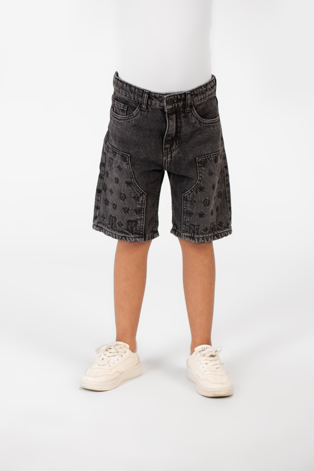 Boy's Summer Denim Short With A Modern Print And Pockets