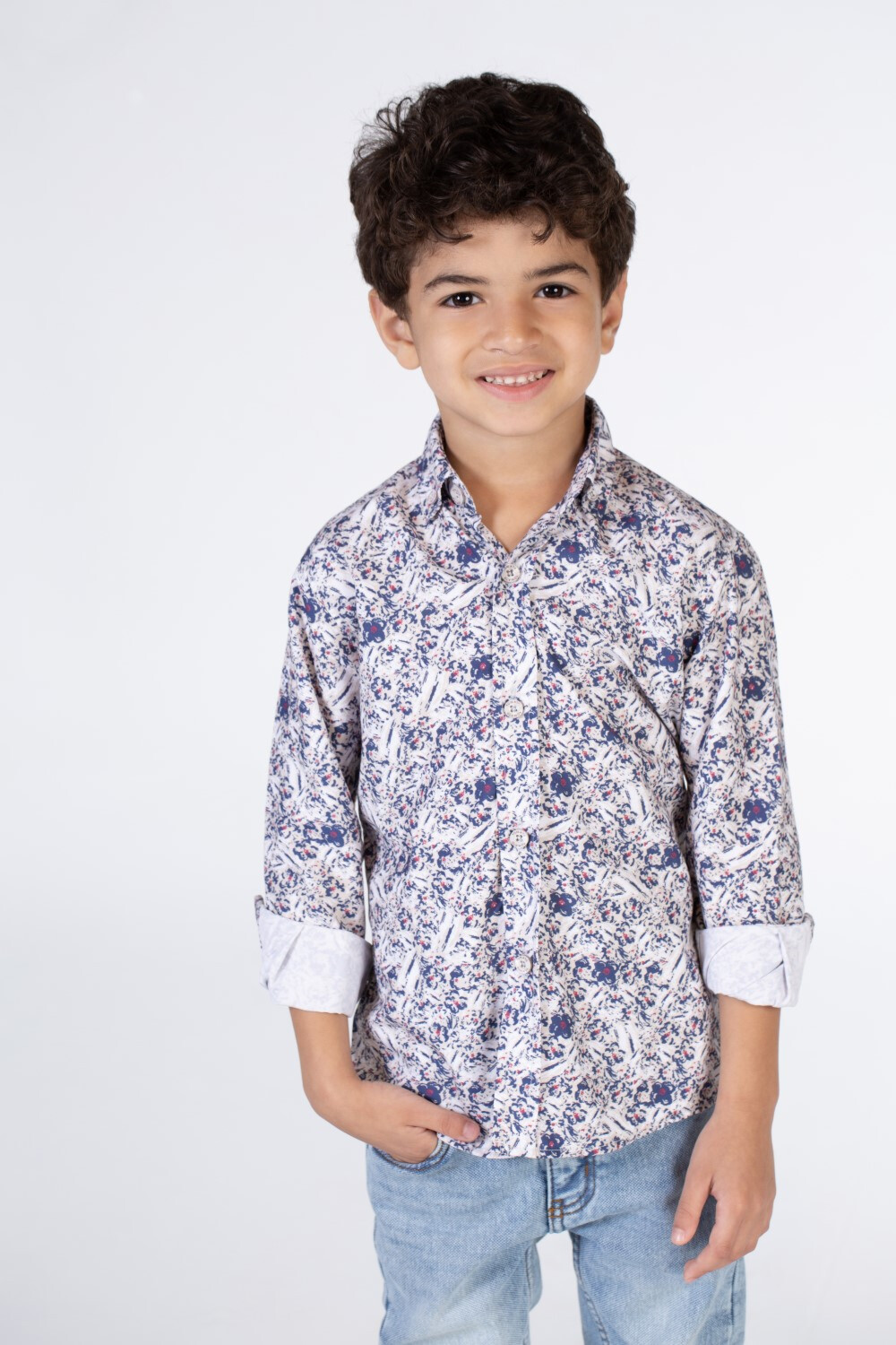 Boys Printed Poplin Shirt With Long Sleeves And Collar
