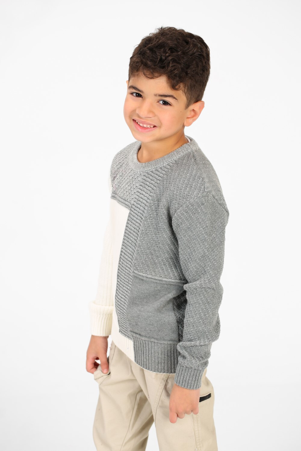 Boy's Half & Half Cotton Knitted Long Sleeves Sweater Pullover
